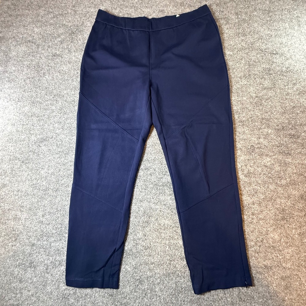 Susan Graver Weekend Navy Blue Seamed Knit Pants Petite Medium Ankle Zip